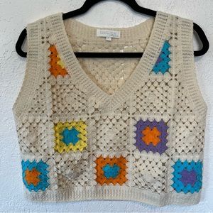 Rebellion Granny Square Crocheted Crop Top Knit V Neck Tank Large